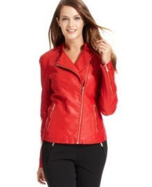 Calvin Klein's faux leather jacket is extra bold with a saturated red hue and an asymmetrical zipper closure.