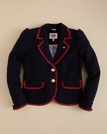 Goldtone buttons and exaggerated stripe trim blend whimsey and classic preppy style in Juicy Couture's striking wool blend blazer.