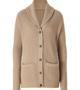 Anything but frumpy, this classic shawl cardigan is rendered in a luxe cashmere and merino blend - Shawl collar, long sleeves, front button placket, patch pockets, long body - Pair with leather leggings, skinny jeans, or a pencil skirt