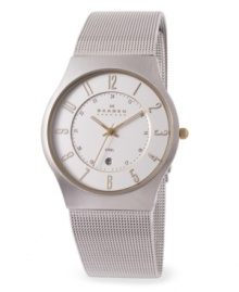 Clean and understated, this fine watch from Skagen Denmark features a silvertone mesh band and numerical indices. Stainless steel round case and round white dial with logo and goldtone numbers. Quartz movement. Water resistant to 30 meters. Lifetime limited warranty.