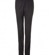 Elegant pants in charcoal gray wool blend - Fine pin stripes - From the Italian trend label Costume National - Slim Fit = modern slim and straight cut, with a slightly lower waist and angled pockets - Classic, luxurious AND fashionable - The creases makes an especially slim silhouette - Ideal for many occasions from casual to festive - Wonderfully comfortable thanks to a small stretch content - Styling: combine with a shirt, cashmere pullover and/or jacket