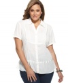 A pintucked bib and satin trim infuse elegant detail to NY Collection's short sleeve plus size shirt-- it's perfect for day or play!