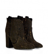 Add a punch of Parisian cool into your edgy footwear wardrobe with Laurence Dacades studded suede ankle boots, detailed with a blocky heel and pull-tabs for that effortless-chic finish - Rounded toe, black suede trim - Hits just above the ankle - Pair with favorite skinnies, or showcase allover studding with opaque tights and micro-minis