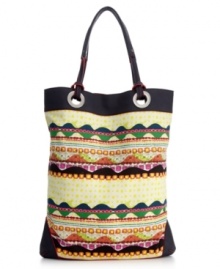 Vivacious hues and fun-loving prints give this Brasil-inspired design a lively summer feel. This roomy tote style from Rachel Rachel Roy will become a staple in your warm-weather handbag collection.