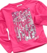 Peace, love and hope. Inspire her to see the good in everything with this sparkly graphic top by DKNY.