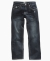 Straight fit jeans from Akademiks keep him comfortable and still looking polished throughout the day.