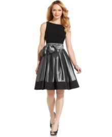 SL Fashions' A-line dress features a contrasting bodice and hemline and a generous self-tie bow at the waist. A V-neckline at the back takes the look for a dramatic dip!