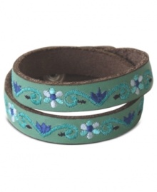 Natural sophistication, by Lucky Brand. This rich leather bracelet features a wrap silhouette, embroidered with colorful stitching. Crafted in teal leather. Approximate length: 16 inches.