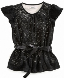 Pretty lace in true lady-like form. She'll don her DKNY ribbon-tie top for every special occasion this season.