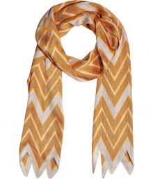 Stylish scarf in fine, viscose and silk blend - A luxe, future classic from knitwear stalwart Missoni - Chic mandarin and sand colorway - Elegant zigzag motif extends to the hem - Moderately long and wide style drapes beautifully - Versatile and polished, perfect for pairing with everything from jeans and a t-shirt to a blazer and trousers