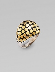 A striking yet simple design, with a dome of polished 18k gold dots and a sterling silver textured border and smooth band.18k yellow gold and sterling silverWidth, about ¾Made in Bali