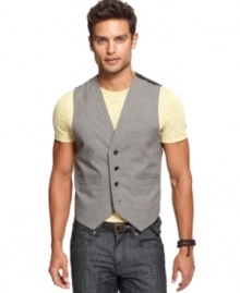 Some vests look like they were just made to be worn with jeans. This one really was. Three-pocket plaid vest with button front from Marc Ecko Cut & Sew.