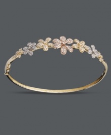 An aesthetically-pleasing accessory. Accentuate any look with the versatility of 14k rose gold, 14k gold, and 14k white gold! Clever floral shapes adorn this chic bangle, while round-cut diamonds (3/4 ct. t.w.) add just the right amount of sparkle. Approximate diameter: 2-1/2 inches.