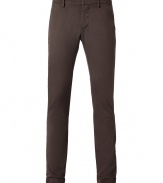 Stylish pants in chocolate brown stretch cotton - Casual, trendy chino cut - With slim, straight legs, waistband, belt loops and side pockets - A typical look for leisure, combine with sneakers, boots, a shirt, knit shirt, leather jacket, parka - Really comfortable, a genius alternative to jeans or corduroys