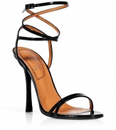 Bring sophisticated glamour to your warm weather look with these ultra-luxe patent leather sandals from Edmundo Castillo - Front strap, wrap-around ankle strap with buckle closure, high stiletto heel - Wear with a sleek sheath dress and heels or pair with a party-perfect frock