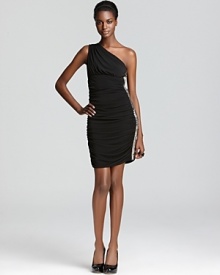 This intricately ruched Max & Cleo one-shoulder dress flaunts light-catching beads down the side for a hint of glamour.