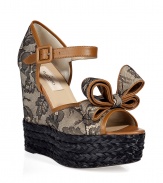 Get noticed in these statement sandals of the season from Valentino - Peep-toe, bow front detail, lace overlay, ankle strap with buckle closure, braid detailed platform wedge heel - Style with a mini-dress, a boyfriend blazer, and a studded clutch