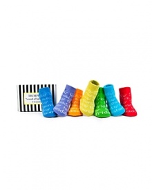 Seven pairs of brightly colored socks, one for every day of the week. Packaged in its own keepsake box, this makes a perfect, practical and fun baby gift.