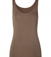 Stylish tank top in fine, light brown viscose stretch blend - Sumptuously soft and lightweight - Scoop neck and medium-width straps - Long and lean silhouette - Slim cut, hits below the hip - Wear solo or layer beneath pullovers and blazers - Casual cool, ideal for pairing with shorts, skinny denim, pencil skirts or cropped chinos