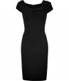 Subtle yet sultry, this slinky cocktail-ready dress from Donna Karan is a modern take on the ubiquitous LBD - Draped fold-over neckline, cap sleeves, draped waistline, fitted silhouette, concealed back zip closure - Style with bold platform pumps and a studded clutch