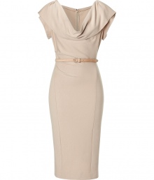 Sophisticated camel cap sleeve draped dress with skinny belt - Look sexy and polished in this perfectly tailored dress - Style with opaque stockings and stilettos for a classically sexy look - Try with textured tights and simple black pumps