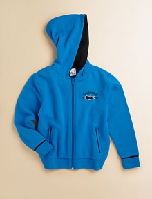 This cozy cotton must-have features an attached hood, side slash pockets and requisite croc detail.Attached hoodLong sleevesZip-frontSide slash pocketsCottonMachine washImported