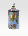 A garden-fresh lidded canister makes a cheery kitchen container or home organizer, crafted in hand-glazed and -decorated steel with bright florals, bronze hardware and a clear acrylic knob. Enameled steel 64-ounce capacity 9¾H X 5 diam. Dishwasher safe Imported 