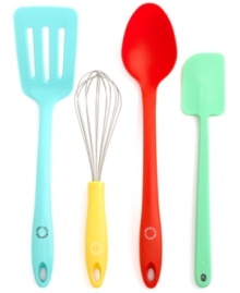 Make things easy on yourself with do-it-all tools! This comprehensive set includes the basics of any busy kitchen-whisk, turner, spoon and spatula-in fun colors that brighten up any space and stand out in drawers.