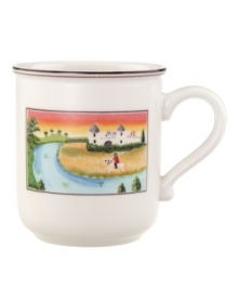 A man trots along a river, surveying the land on horseback on this Design Naif mug, featuring premium Villeroy & Boch porcelain.