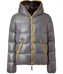 A sleek patina and vibrant contrast piping lend this Duvetica down jacket its sporty and stylish edge - In a lighter weight, wind- and water-resistant silver-grey polyamide with yellow trim - Straight cut fits close to the body for extra warmth - Full zip, hood and oversize diagonal zippered pockets at front - Perfect for cold weather casual looks - Pair with jeans, chinos, cords and athletic pants