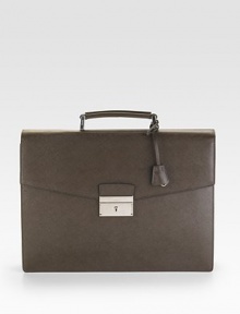 Saffiano leather double-gusset briefcase. Top handle Front push-lock closure with key lock Leather 14½W X 11H X 2½D Made in Italy 