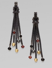 From the Black and Gold Chain Collection. This statement piece features blackened sterling silver box chains with 18k gold, black onyx, hematite and garnet bead accents for an uniquely elegant look. Blackened sterling silver18k gold, black onyx, hematite and garnet beadsLength, about 2¼Post backImported 