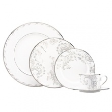 Paisley Bloom brings Marchesa's signature beaded accents to life on a tailored white bone dinnerware body. Silver mica and platinum decorate the rim for added appeal. The unique artistry of paisley and florals create a graceful tabletop collection that is romantic and refined, perfect for every dinner party.