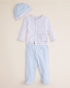 Everything your little one needs for his first days and weeks, this beautifully embroidered elephant-theme hat, shirt and footie set sends him off in style.