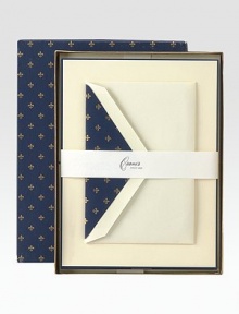 A hand-applied navy border frames the front of this classic notecard stationery, while a classic fleur-de-lis print lines the matching envelopes. Includes 20 notecards with matching envelopes Blank inside High-quality cotton fiber paper Each, 9W X 6¾H Made in USA 