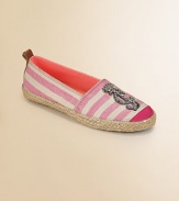 A bejeweled logo embellishment adds a touch of flash to this cozy pair of striped canvas flats.Slip-on style60% viscose/27% polyester/13% linen upperCotton liningRubber solePadded insoleImported