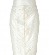 Luxe skirt in fine, pure cream silk - A sexy, sumptuous knockout from LWren Scott - Gorgeous Art Deco-inspired embroidery - Classic, curve-hugging pencil cut accentuates a slim silhouette - Flattering high waist - Kick pleat and rear zip - A sophisticated stunner ideal for work, parties and cocktails - Pair with a blouse and blazer by day, and a silk top and cropped leather jacket at night