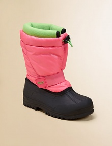 Slip on winter boots feature a durable, waterproof rubber foot and a solid channel-quilted nylon shaft with a removable, warm winter fleece sock.Slip-on with elastic cordNylon upperFleece liningRubber solePadded insoleImported