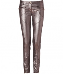 Channel your inner biker babe in these curve-hugging antique gold coated pants from Faith Connexion - Zippered front and back slit pockets, biker-style seaming, button closure, belt loops, zippered ankles - Slim fit, ankle length - Pair with an asymmetrical hem blouse, sky-high platforms, and a statement satchel