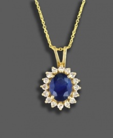 Cosmopolitan style with timeless appeal. This stunning Effy Collection pendant features oval-cut sapphire (2 ct. t.w.) and round-cut diamond (3/8 ct. t.w.) set in 14k gold. Approximate length: 18 inches. Approximate drop: 3/4 inch.