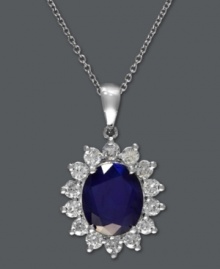 True glamour. Effy Collection's royalty-inspired style highlights a stunning oval-cut sapphire (4-1/3 ct. t.w.) surrounded by round-cut diamonds (1 ct. t.w.). Setting and chain crafted in 14k white gold. Approximate length: 18 inches. Approximate drop length: 1 inch. Approximate drop width: 2/3 inch.