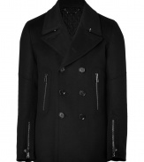 Sophisticated with a downtown edge, this wool-cashmere pea coat from British heritage brand Belstaff gets toughened up with a zipper-laden motorcycle styling - Spread collar, double-breasted with button front placket, long sleeves with exposed zip cuffs, exposed zip pockets, moto-styled seaming at arms, belted back waist with adjustable buttons - Slim fit - Style with jeans or slim trousers, a long sleeve henley, and motorcycle boots