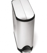 A step up! The perfect fit for stashing under low countertops, this split butterfly door trash can features an extra strong all-steel pedal that closes slowly and silently to keep trash out of sight and out of mind. Engineered to keep a low profile, the internal hinge and slim shape align right up against the wall, while the bag tuck opening hides excess lining for an always clean appearance. 10-year warranty.