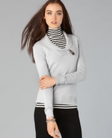 Tommy Hilfiger keeps it classic with this pullover sweater. A shawl collar makes it a great layering piece with turtlenecks and jeans!