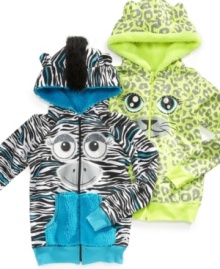 Get cozy with fun jungle animals, these hoodies from Belle du Jour are cute and colorful.