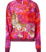 Luxurious top in fine, patterned silk - Tremendously flattering and feminine - Summery and elegant in orange and pink, with stylish predatory jungle print - High round neck, slim cut, decorative cuffs - Long sleeves with ribbed cuffs - Style with a figure-hugging pencil skirt and high heels, or with skinny jeans and ankle boots