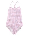 Pretty swimsuit rendered in gingham-printed stretch nylon and finished with allover embroidered ponies for timeless heritage style.