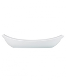 Feature modern elegance on your menu with the Classic Fjord oval serving dishes from Dansk dinnerware. The dishes serve up glossy white porcelain with a fluid, sloping edge that prevents spills and keeps tables looking totally fresh.