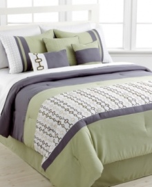 Misty horizons. In refreshing shades of blue and green, this Cheshire comforter sets offers a look of modern serenity to the bedroom, featuring simple solids embellished with contemporary designs. Comes complete with shams, bedskirt and decorative pillows for a cool, crisp atmosphere.