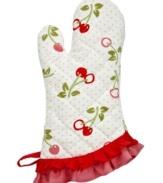 The cherry on top of being a master chef! Put your personal touch on your space with this printed oven mitt, which features a contrasting cherry and polka dot design with a burst of red and pink frilly trim. Step up to the oven with confidence & style!